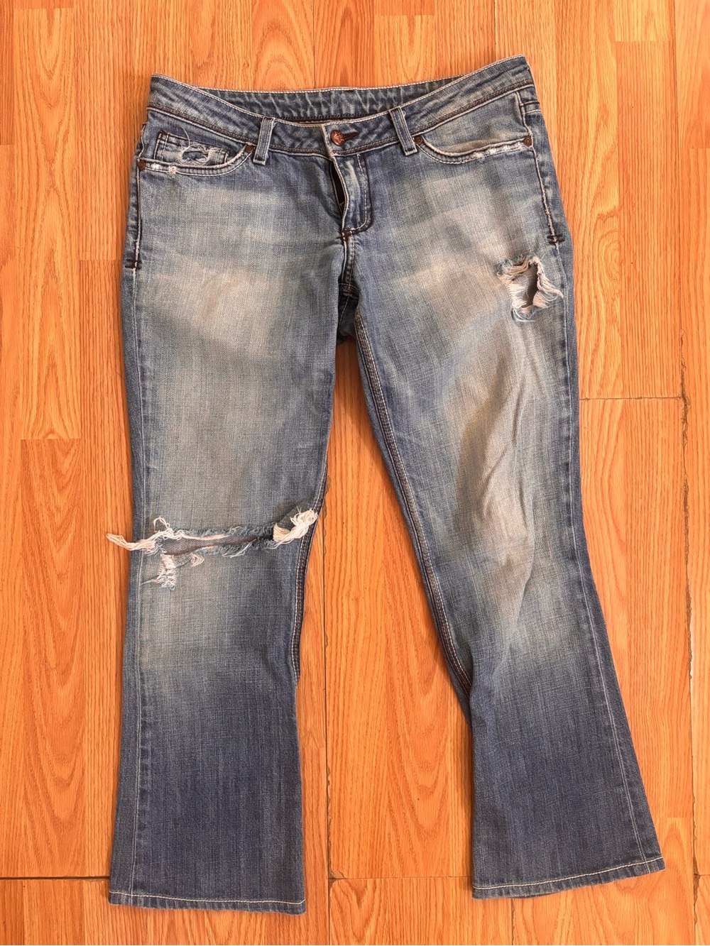 People's Liberation Light Blue Distressed Flare Jeans Made in USA